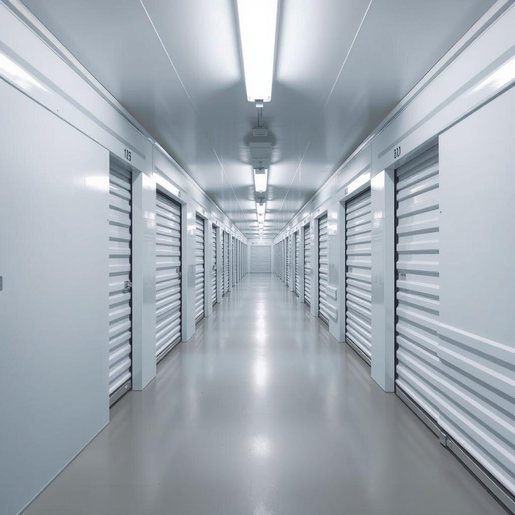 Rows of clean self-storage units at a managed facility